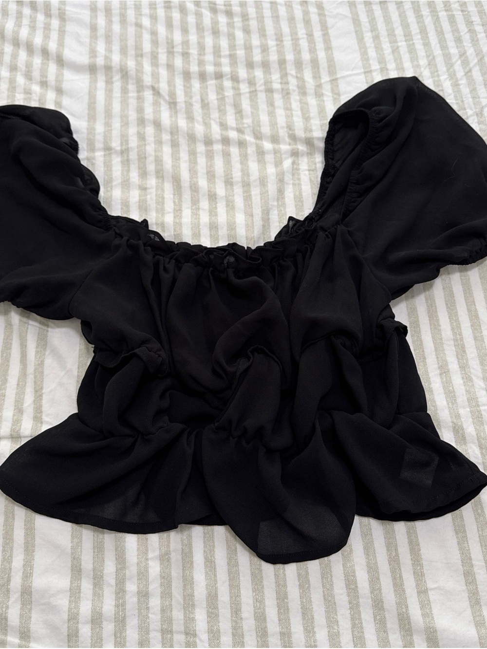Black Puff Sleeve Women's Top - Smocked Neckline